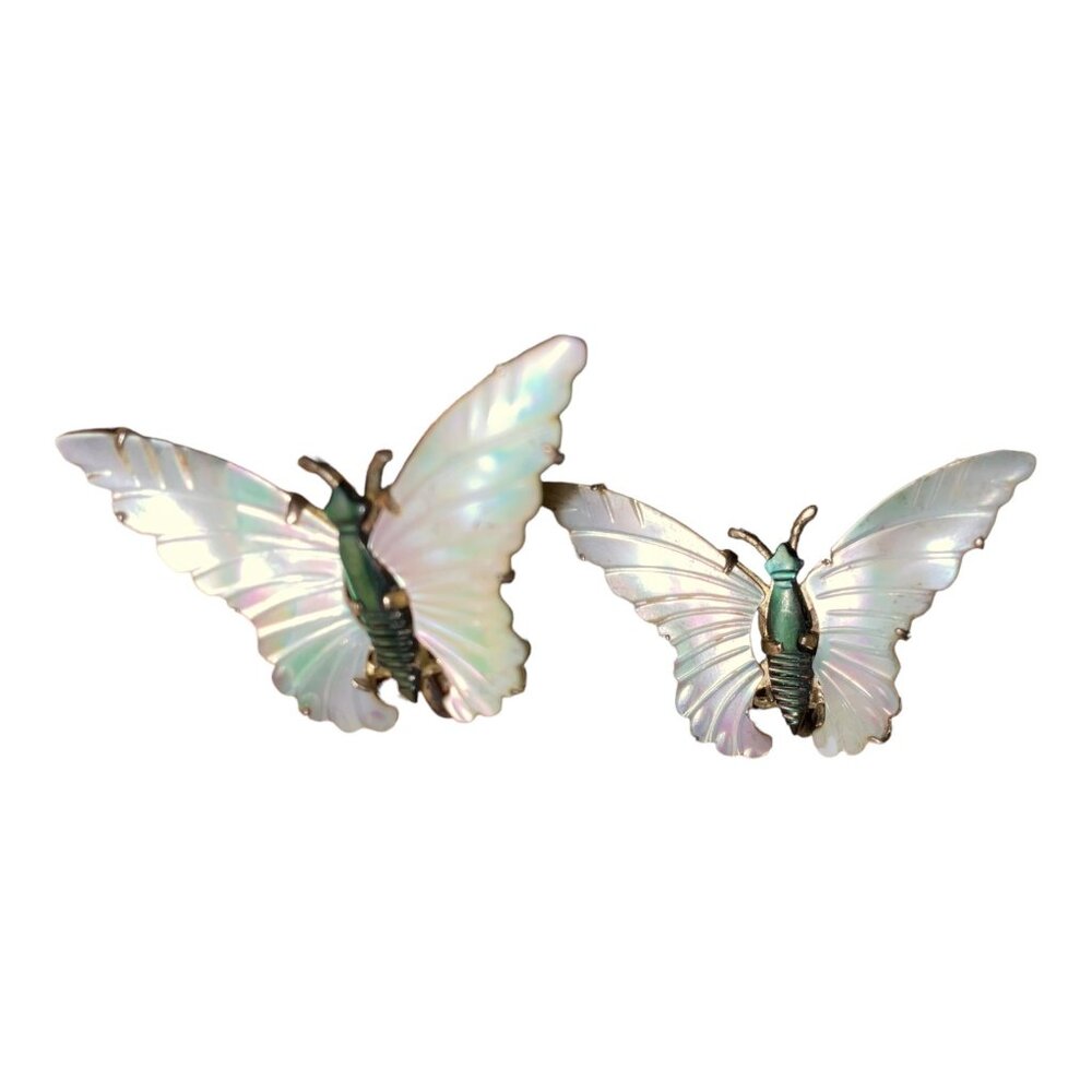Earrings Screw-Back Butterfly MOP Mother of Pearl Gold Vintage Ocean Treasure St